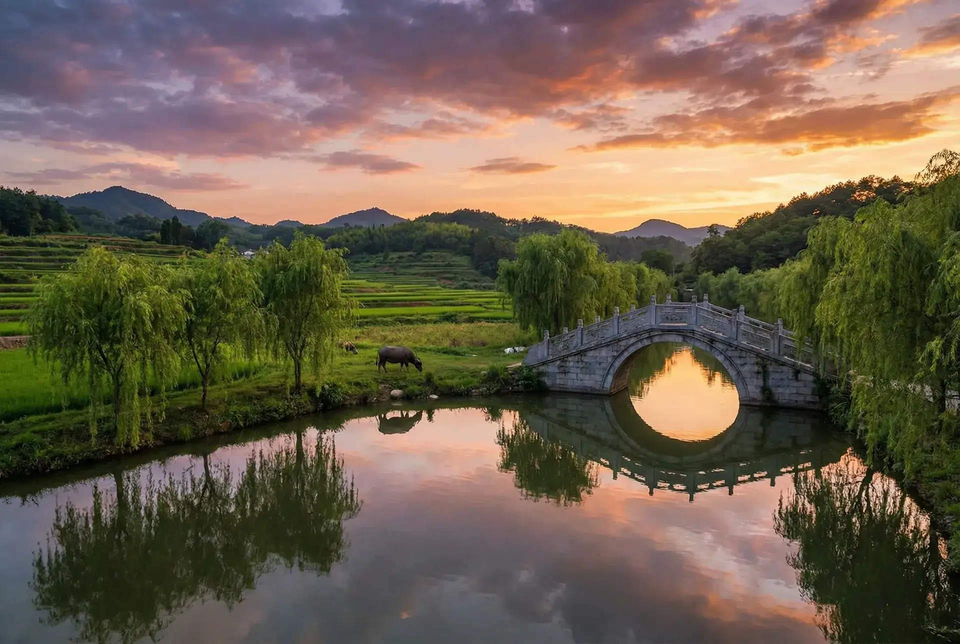 夕阳下的石拱桥与垂柳，水牛在河边吃草 - 黑兽樱花未增删带翻译 乡村美景